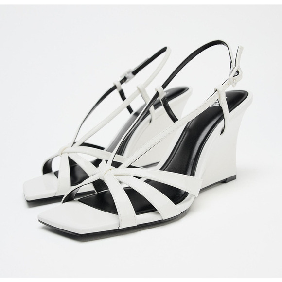 ZARA White Strappy Patent Wedge Heels NWT | Square Toe Sandals - Picture 6 of 16